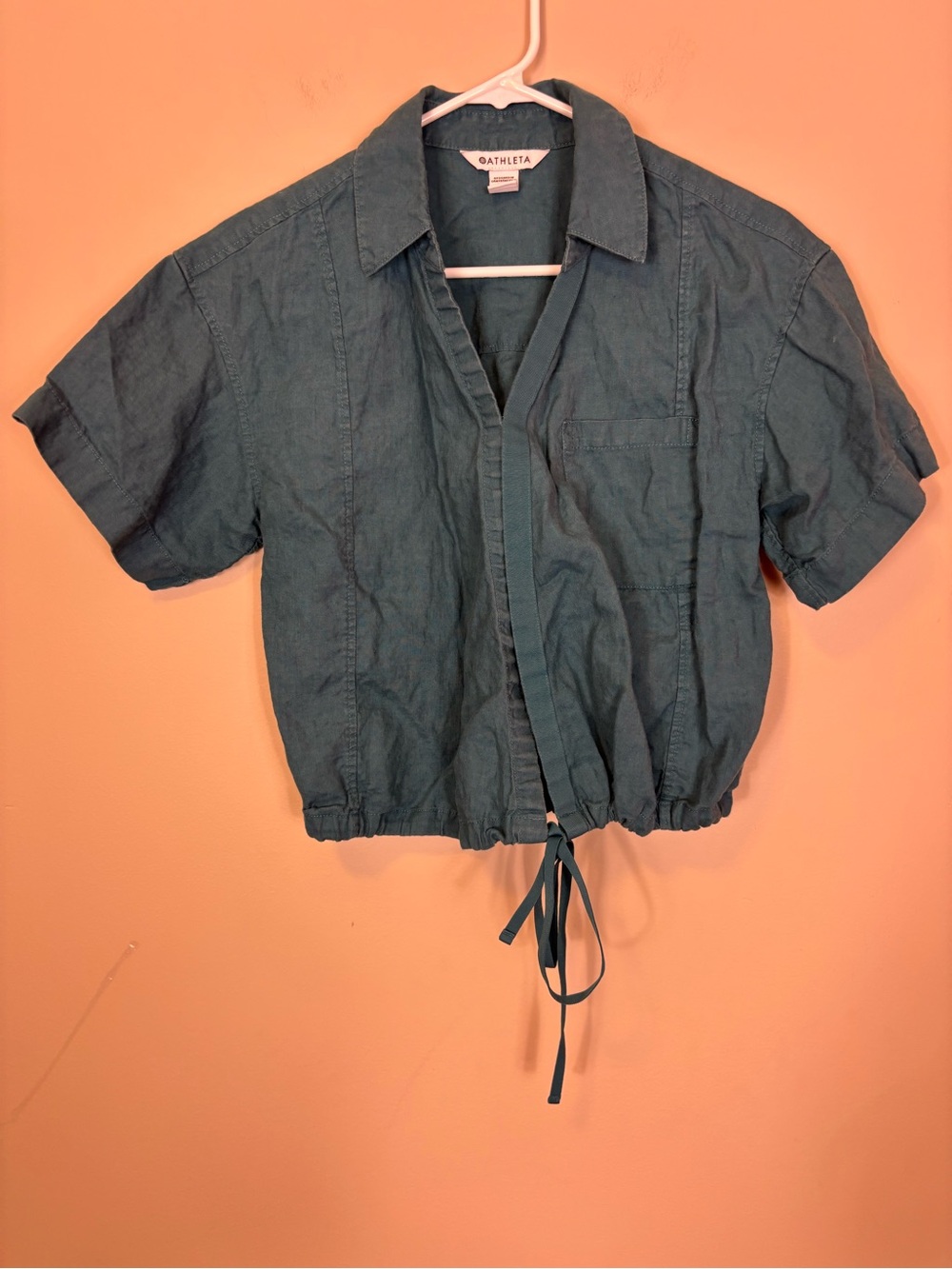 Athleta Teal Collared Short-Sleeve Drawstring Bottom 100% Linen Crop Shirt S